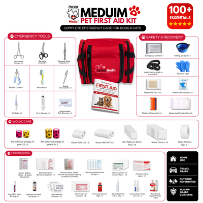 PetVet Medic® Medium Pet First Aid Kit – 100+ Piece Dog & Cat Emergency Kit with Veterinarian-Curated Supplies & Mini First Aid Guide