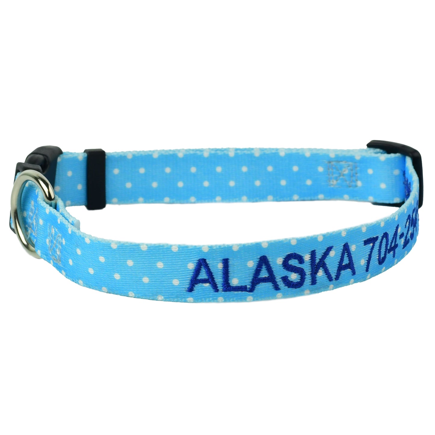 Embroidered Dog Collar with Name - Light Blue Dots