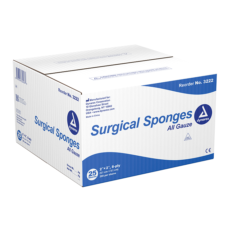 Dynarex Surgical Gauze Sponge, 2" x 2" 8 Ply, 200ea/bx, 25bxs/cs (5000 Count)