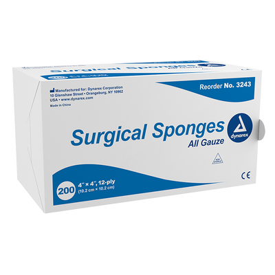 Dynarex Surgical Gauze Sponge, 4" x 4" - 200ea/bx 10bxs/cs (2000 Count)