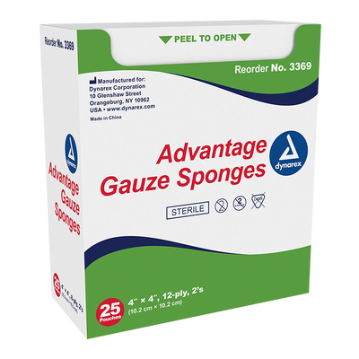 Dynarex Gauze Sponge - Sterile 2's, 4" x 4" 12 Ply, 25ea/bx, 24bxs/cs (600 Count)