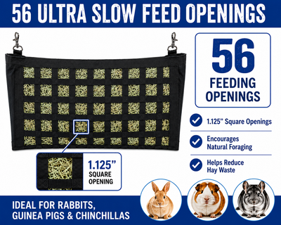 CuteNFuzzy Rabbit & Guinea Pig Hay Bag Feeder with Super Tough Bottom® Design | 56 Ultra Slow Feed Openings | Medium 15" x 9" x 5" Front Web Hay Feeder | Less Waste, Cleaner Cage | Made in USA Design