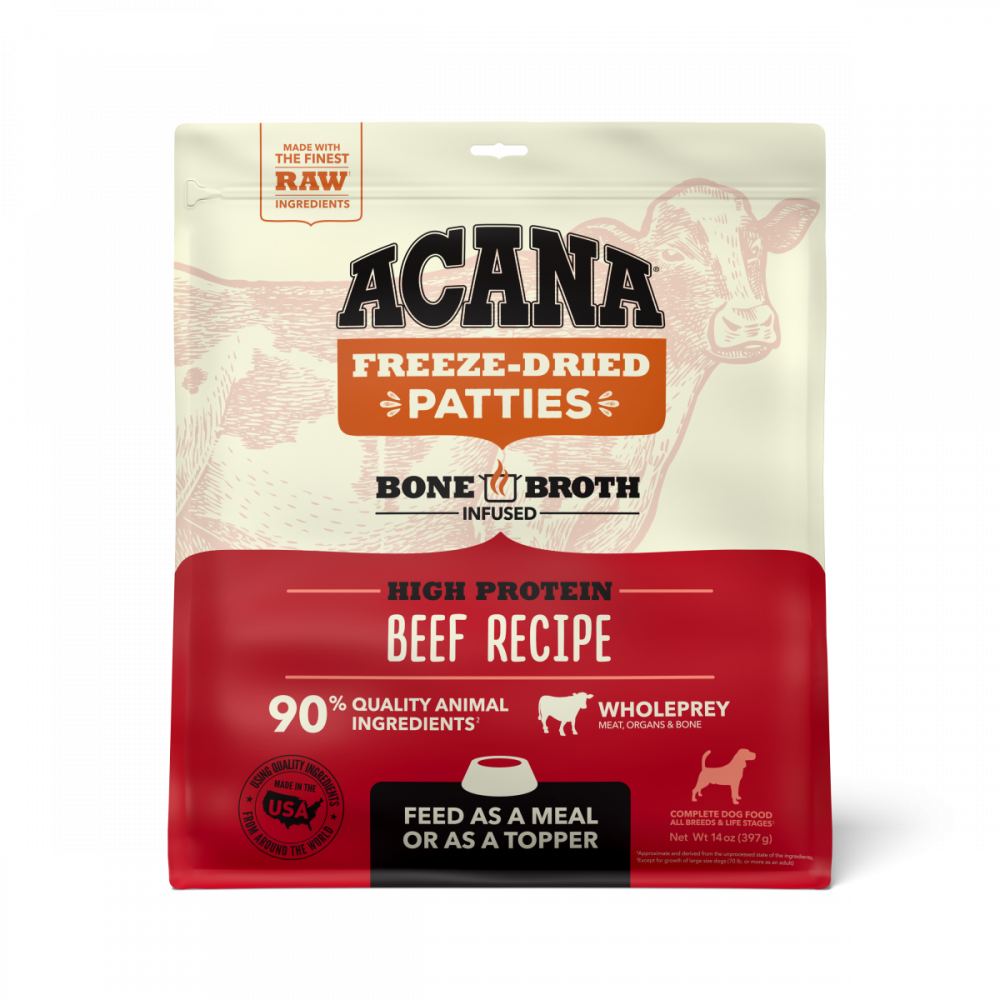 Acana Freeze Dried Dog Food & Topper, Grain Free, High Protein, Fresh & Raw Animal Ingredients, Ranch Raised Beef Recipe, Patties