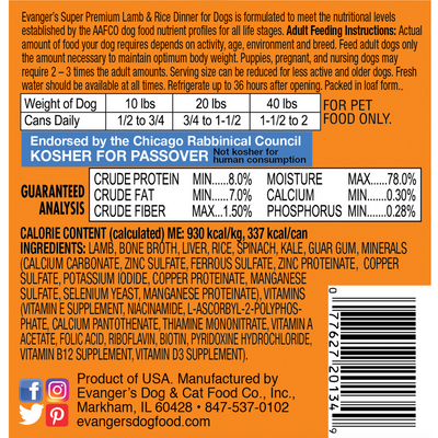 Evanger's Super Premium Lamb and Rice Canned Dog Food