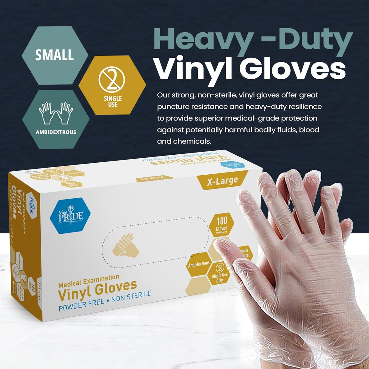 MedPride Vinyl Exam Gloves 4 Mil Thick Non-Sterile Powder Free - 100/box, Case of 10 (1000 count)