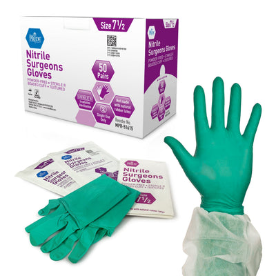 MedPride Nitrile Surgeons Gloves 5 Mil Thick Sterile Powder Free - 50 Pairs / Case of 4 (200 Count)