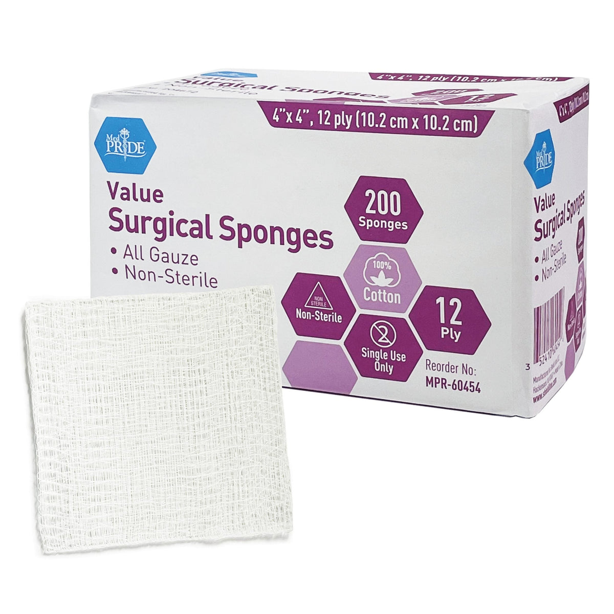MedPride Value Gauze Surgical Sponges – Non-Sterile - 4x4 - 12 Ply - 200/box, Case of 10 (2000 Count)