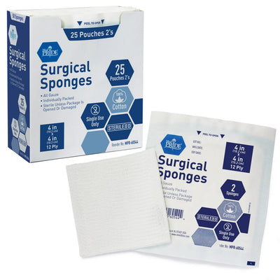MedPride Sterile Surgical Gauze Sponge - 2's, 4"x4" - 12 Ply - 25/Box, Case of 24 (1200 Count)