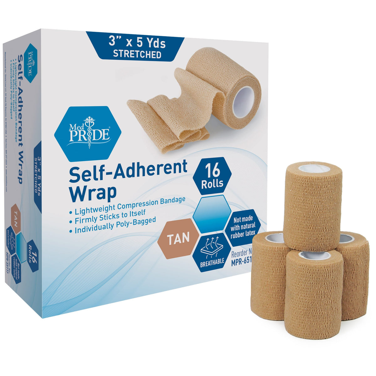 Medpride Self-Adherent Wrap - Athletic Flex Tape First Aid Bandages 16 Rolls, Tan, Latex Free