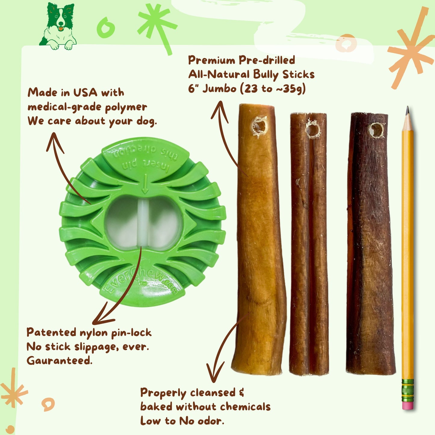 SafetyChew+ Medium Dog Starter Pack: Heavy-Duty Bully Stick Holder & All-Natural Bully Sticks for Dogs 16-39+lbs