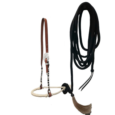 Tahoe 3/8" Bosal with Leather Hanger and Ferrules – Complete Equestrian Set with 23 Ft Quality Rope Mecate & Horsehair Tassel