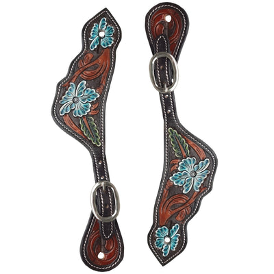 Tahoe Hand Tooled Turquoise Floral and Leaf Leather, Hand Painted Spur Straps Unisex Pair for Horse Riding, Barrel Racing and Horse Shows