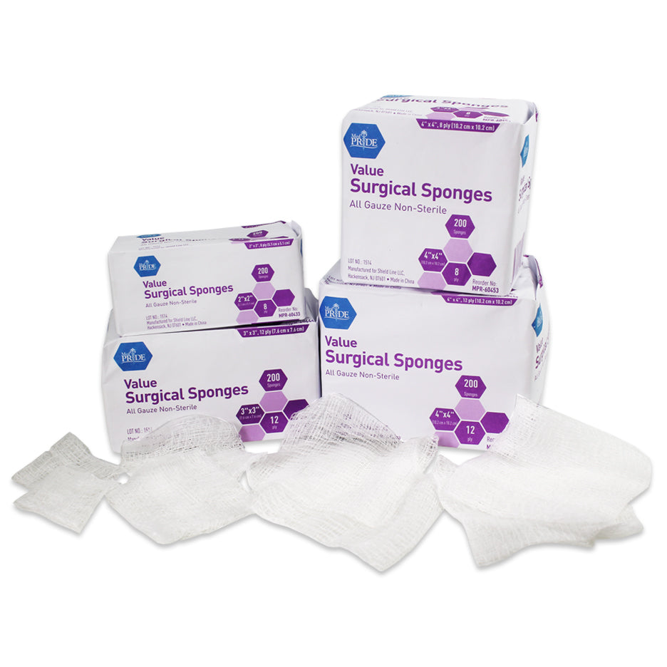 MedPride Value Gauze Surgical Sponges – Non-Sterile - 4x4 - 8 Ply - 200/box, Case of 20 (2000 Count)