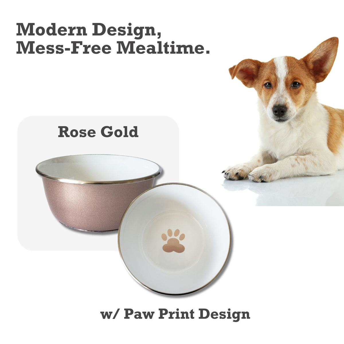 Deep Stainless Steel Dog Bowl with Paw Print Design – Rose Gold