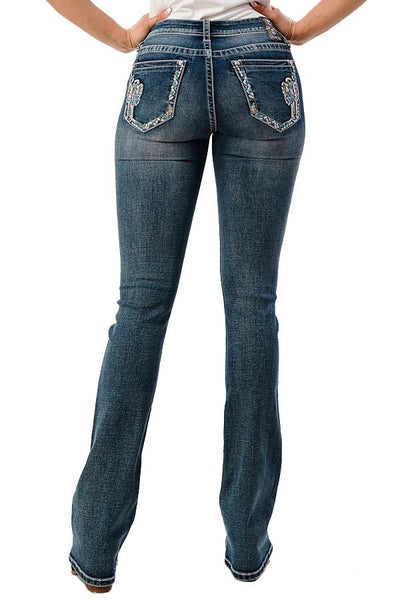 Grace in LA Women's Western Cactus Embellished Mid Rise Bootcut Jeans
