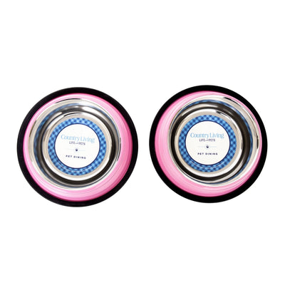 Country Living Ribbed Stainless Steel Dog Bowls, Non-Slip, Set of 2 – Carnation Pink