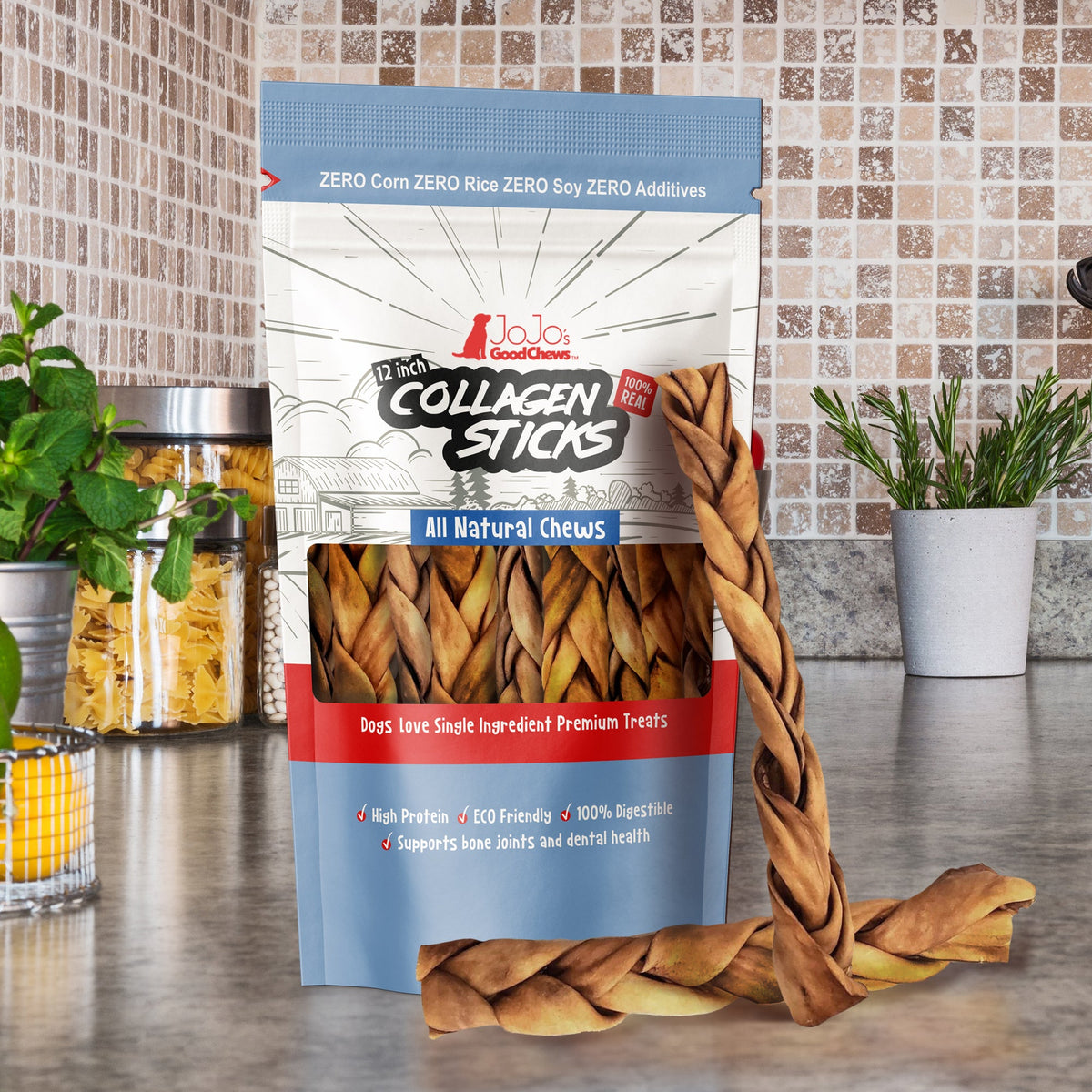 12" Braided Beef Collagen Sticks for Dogs, 4-Pack