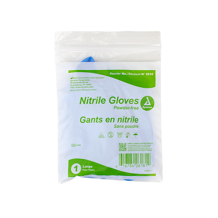 Dynarex Nitrile Exam Gloves In A Bag - Large Powder-Free, Blue - 1pr/bag, 500bgs/cs (500 Pairs)