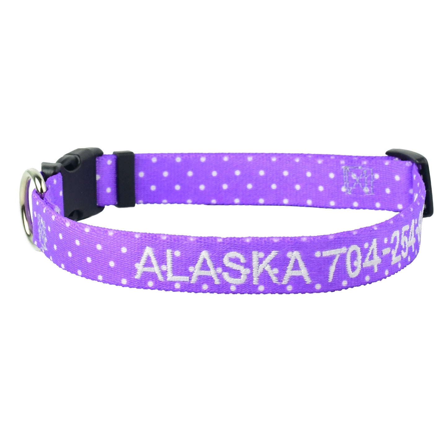 Embroidered Dog Collar with Name - Purple and White Dots