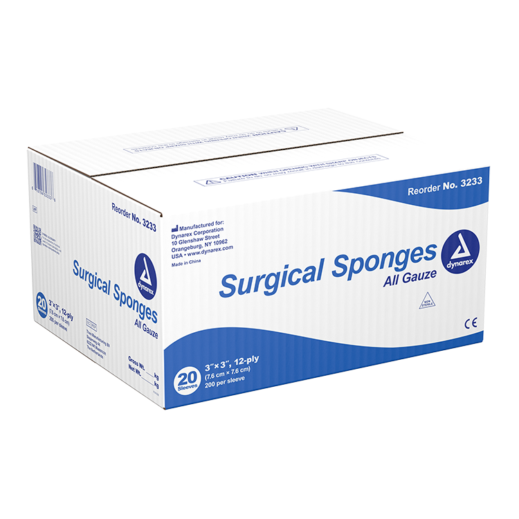 Dynarex Surgical Gauze Sponge, 3" x 3" 12 Ply 200ea/bx, 20bxs/cs (4000 Count)