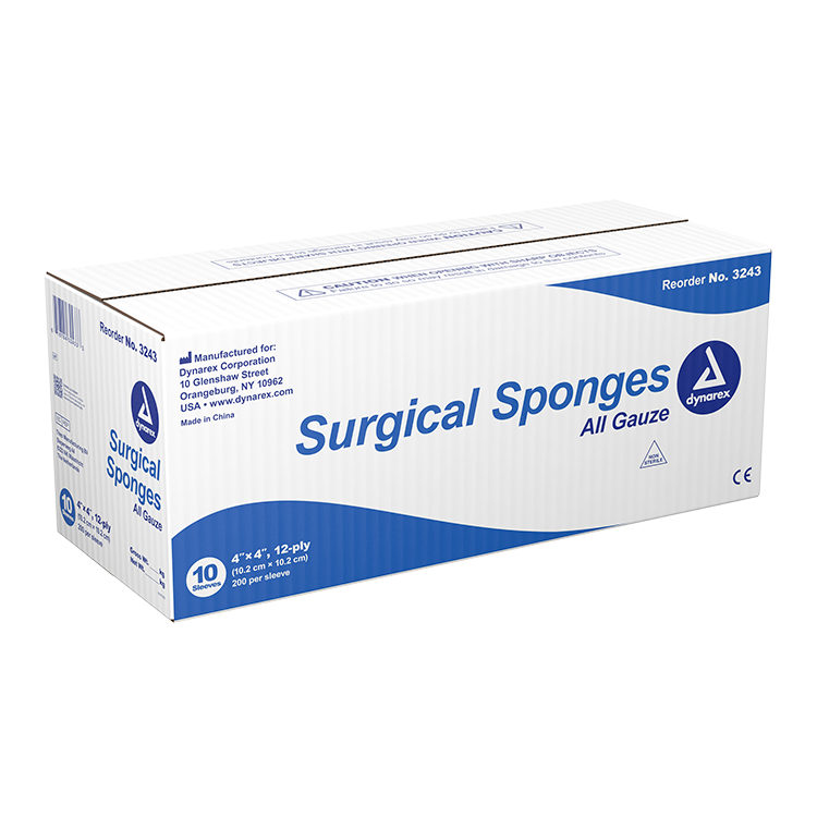 Dynarex Surgical Gauze Sponge, 4" x 4" - 200ea/bx 10bxs/cs (2000 Count)