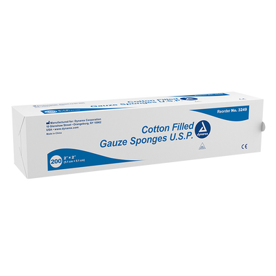Dynarex Surgical Gauze Sponge, 2" x 2" Cotton Filled, 200ea/bx, 25bxs/cs (5000 Count)