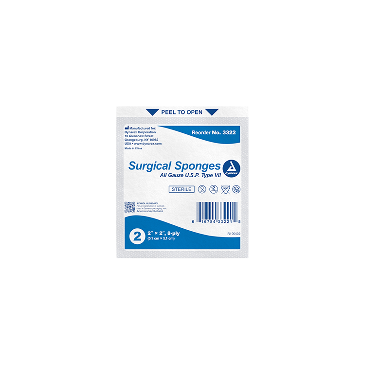 Dynarex Surgical Gauze Sponge - Sterile 2's, 2" x 2" 8 Ply - 50ea/bx, 30bxs/cs (1500 Count)