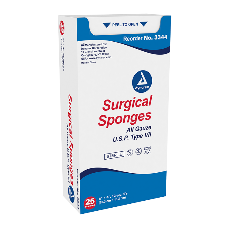 Dynarex Surgical Gauze Sponge - Sterile 2's, 8" x 4" 12 Ply, 25ea/bx, 20bxs/cs (500 Count)