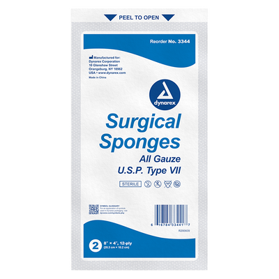 Dynarex Surgical Gauze Sponge - Sterile 2's, 8" x 4" 12 Ply, 25ea/bx, 20bxs/cs (500 Count)