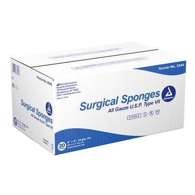 Dynarex Surgical Gauze Sponge - Sterile 2's, 8" x 4" 12 Ply, 25ea/bx, 20bxs/cs (500 Count)
