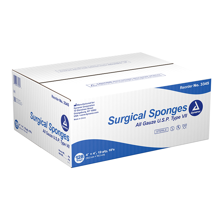 Dynarex Surgical Gauze Sponge - Sterile 10's, 4" x 4" 12 Ply, 10ea/bx, 128bxs/cs (1280 Count)