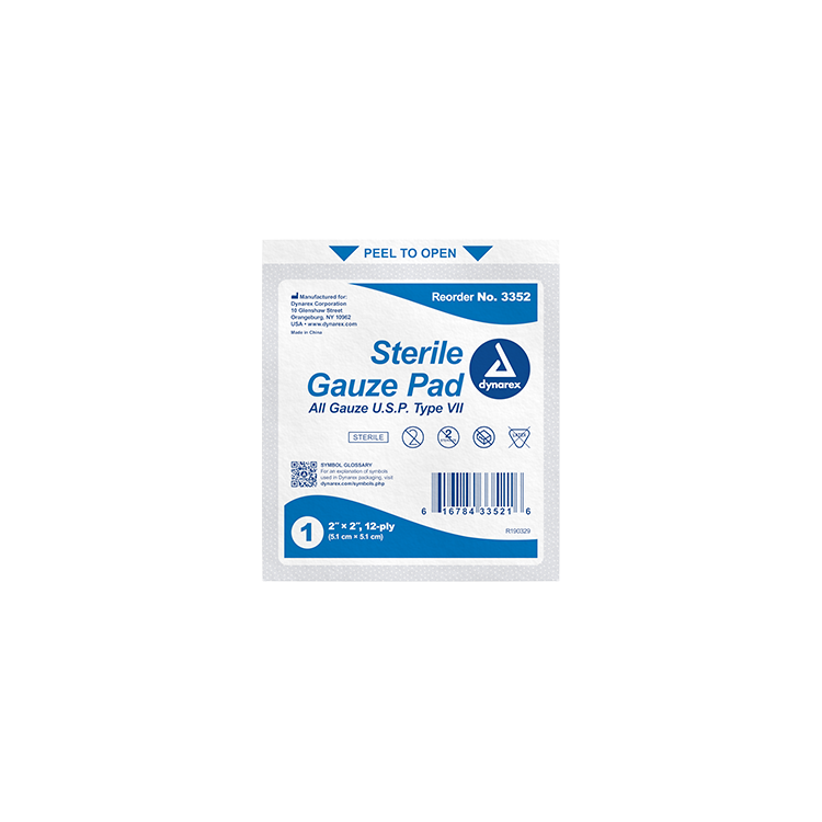 Dynarex Gauze Pad - Sterile 1's, 2" x 2" 12 Ply, 100ea/bx, 24bxs/cs (2400 Count)