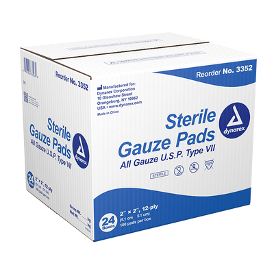 Dynarex Gauze Pad - Sterile 1's, 2" x 2" 12 Ply, 100ea/bx, 24bxs/cs (2400 Count)