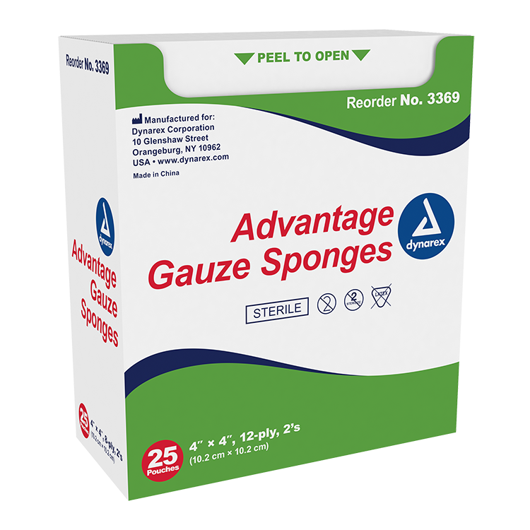 Dynarex Gauze Sponge - Sterile 2's, 4" x 4" 12 Ply, 25ea/bx, 24bxs/cs (600 Count)