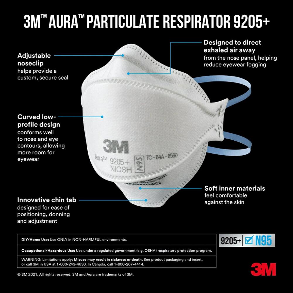 3M 440pcs Aura 9205+ Particulate Respirator N95 Face Mask, Regular Size, Individually wrapped & Flat Fold