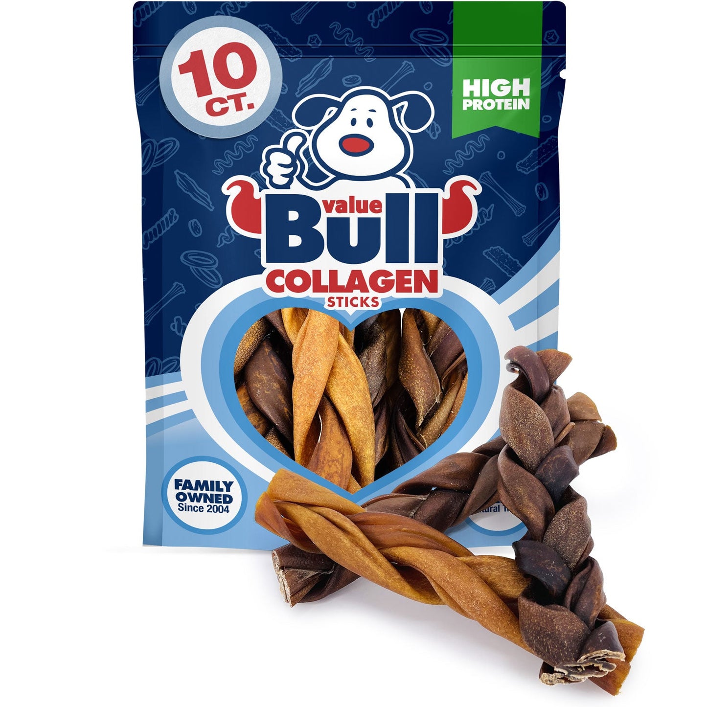 ValueBull Collagen Braided Sticks for Dogs, 6 Inch Thick Chews, Natural Long-Lasting Dog Treats, 10 Count