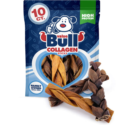 ValueBull Collagen Braided Sticks for Dogs, 6 Inch Thick Chews, Natural Long-Lasting Dog Treats, 10 Count