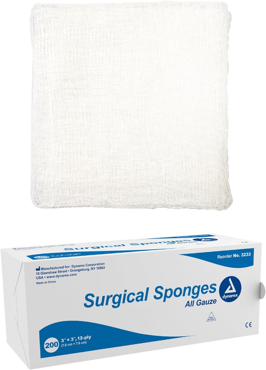 Dynarex Surgical Gauze Sponge, 3" x 3" 12 Ply 200ea/bx, 20bxs/cs (4000 Count)