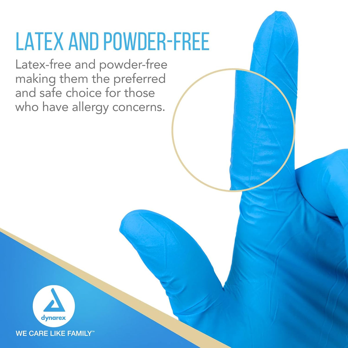 Dynarex Safe-Touch Blue Nitrile Exam Gloves - Non-Latex, Powder-Free - 100/box, 10bxs/case (1000 Count)