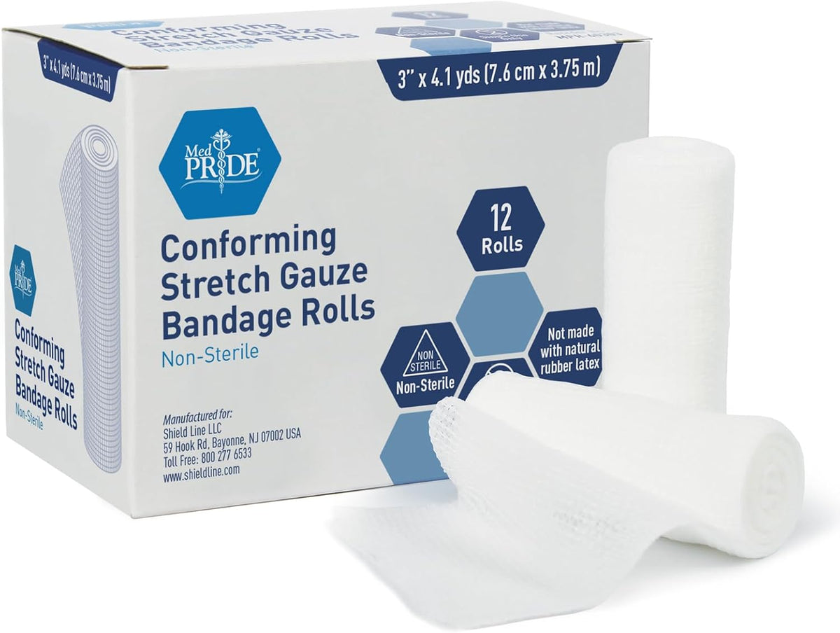 MedPride Conforming Stretch Gauze Bandage Roll -  Non-Sterile - 12 Rolls, Case of 8 (96 Count)