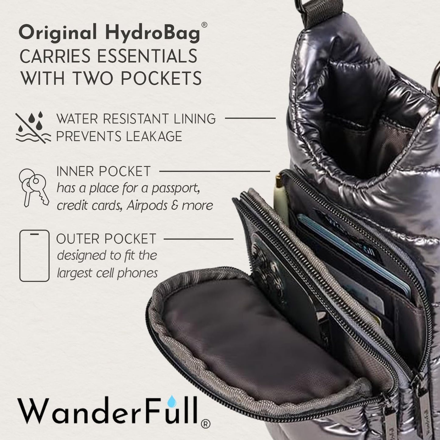 Pewter Glossy HydroBag® with Solid Strap