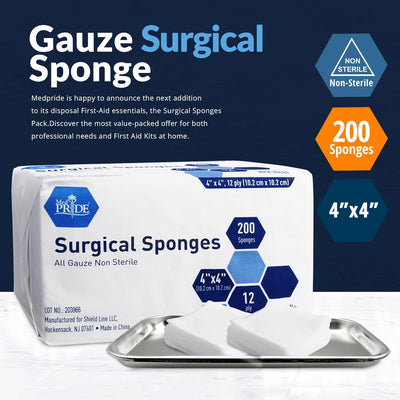 Medpride All Gauze Surgical Sponge Non-Sterile - 4”x 4”, 12-ply Extra Absorbent Sponges, 200/Box, Case of 10 (2,000 Count)