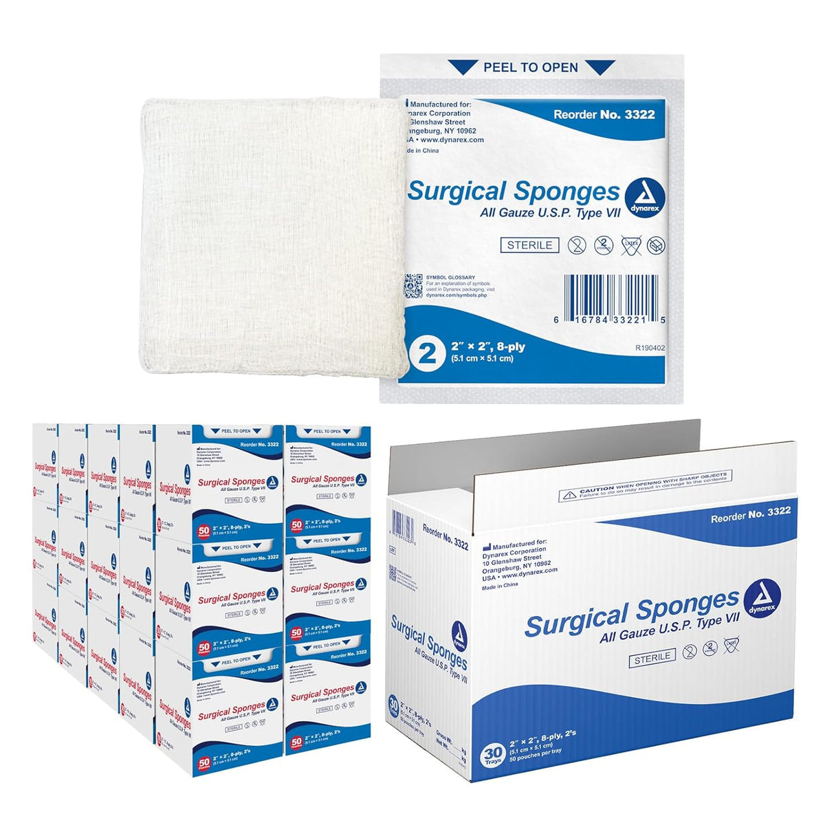 Dynarex Surgical Gauze Sponge - Sterile 2's, 2" x 2" 8 Ply - 50ea/bx, 30bxs/cs (1500 Count)
