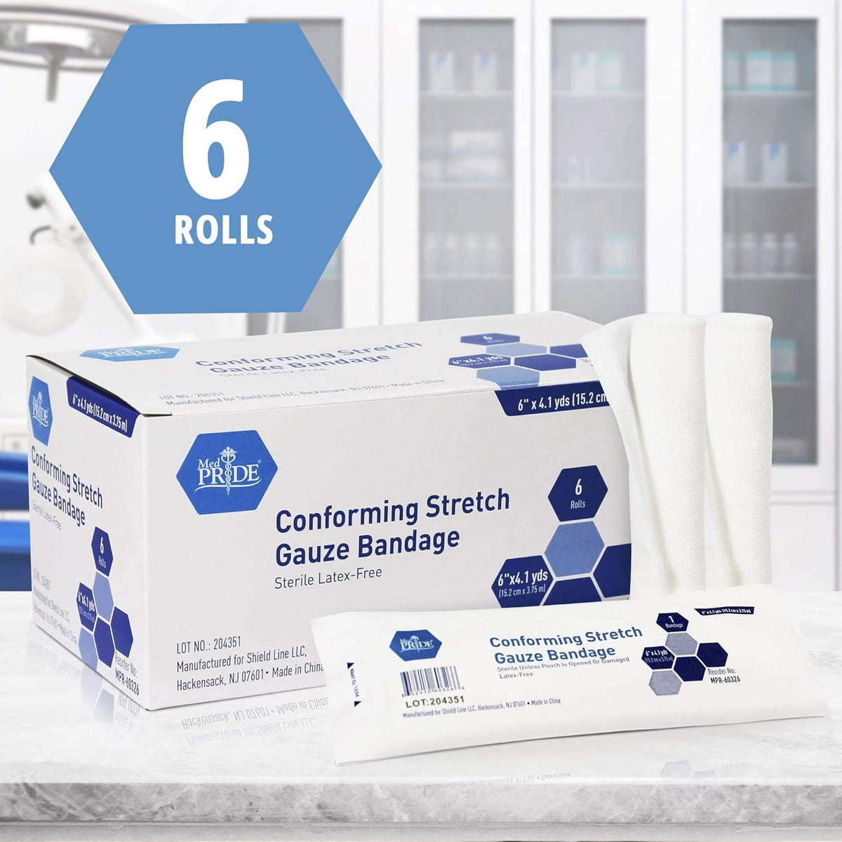 MedPride Conforming Stretch Gauze Bandage Roll - Sterile - 6"x4.1 yds - 6 Rolls/Box, Case of 8 (48 Count)