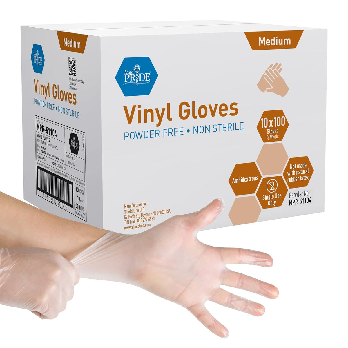 MedPride Vinyl General Purpose Gloves 4.3 Mil Thick Non-Sterile Powder Free - 100 Gloves / Case of 10 (1000 count)