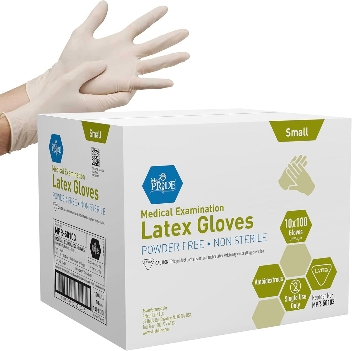 MedPride Latex Exam Gloves - 5 Mil Thick Non-Sterile - Powder Free - 100 Gloves / Case of 10 (1000 count)