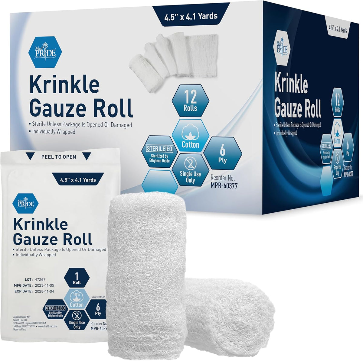 MedPride Krinkle Gauze Roll 4.5" x 4.1 yd - Sterile - 12 rolls/box, Case of 12 (144 Count)