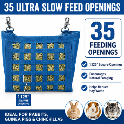 CuteNFuzzy Rabbit & Guinea Pig Hay Bag Feeder with Super Tough Bottom® Design | 35 Ultra Slow Feed Openings | Small 10.5" x 9" x 5" Front Web Hay Feeder | Less Waste, Cleaner Cage | Made in USA Design