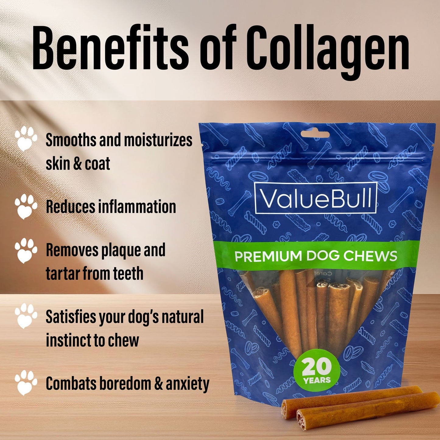 ValueBull Buffalo Collagen Sticks for Dogs, 6 Inch Super Jumbo Chews, Natural Long-Lasting Dog Treats, 50 Count