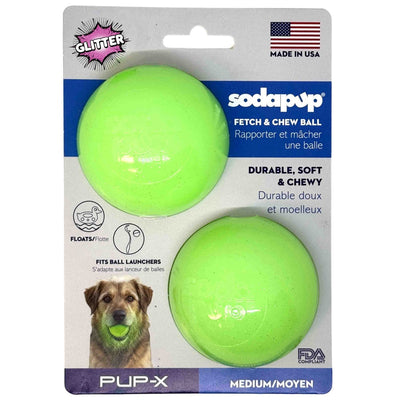 Green Glitter Ball 2-Pack Dog Toy | Soft PUP-X Rubber Floating Fetch Ball with Treat Dispenser | USA Made